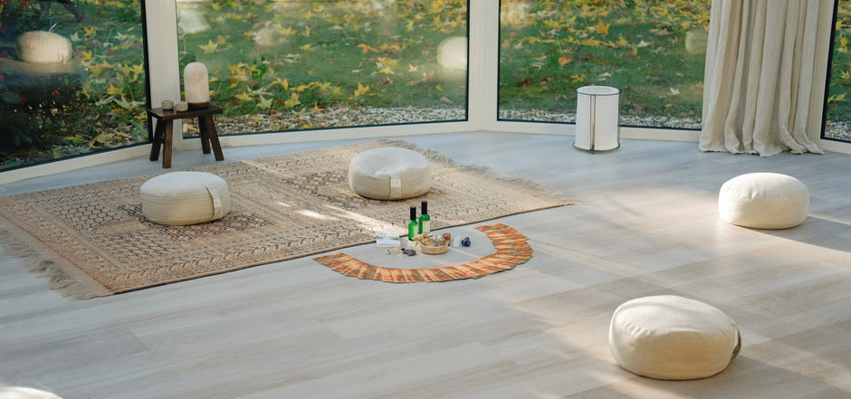 Light-filled conservatory used as a meditation area and course space, ideal for Alchemy Crystal Singing Bowl sessions